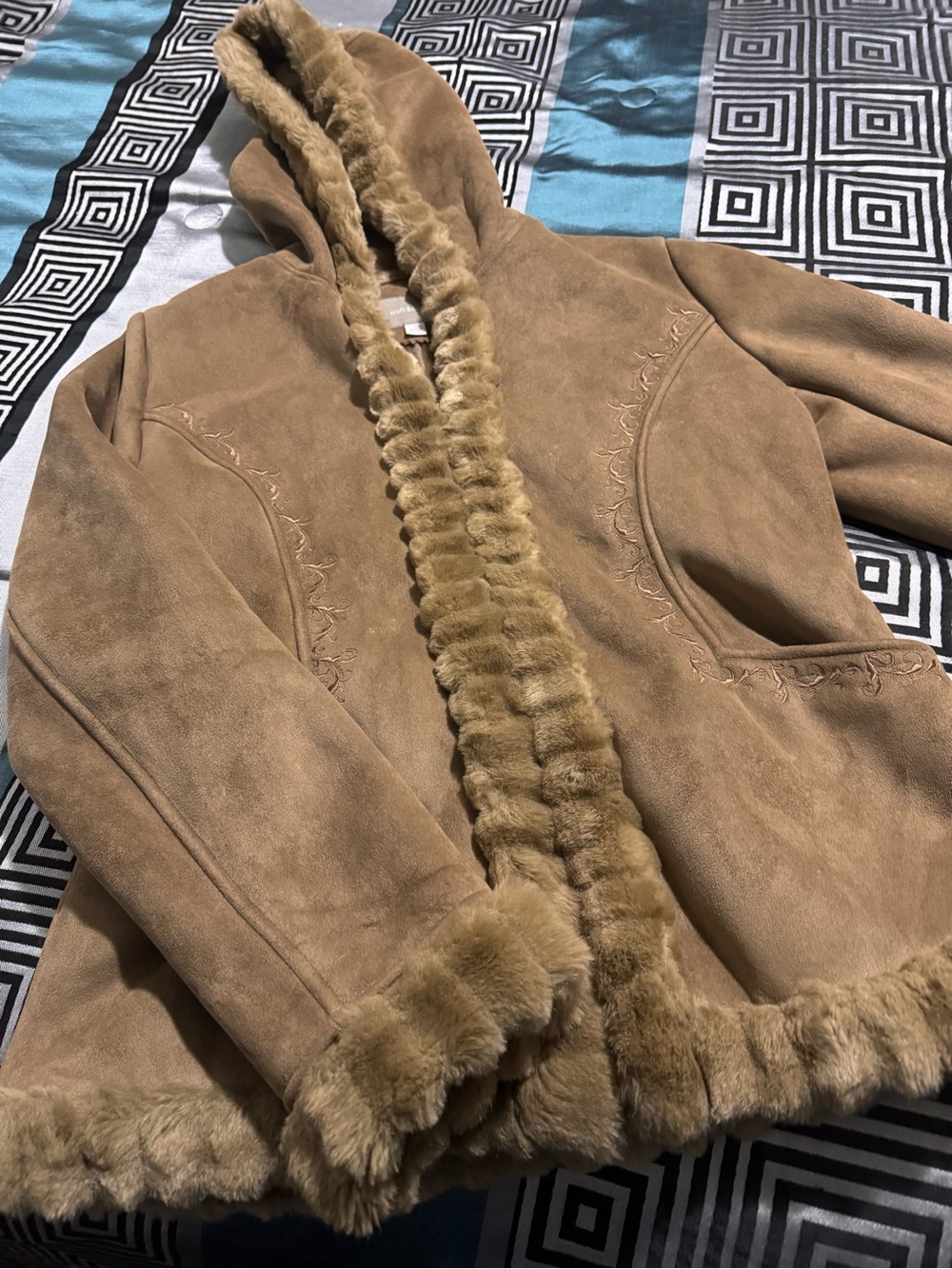 croft & barrow Tan Faux Suede Hooded Teddy Jacket